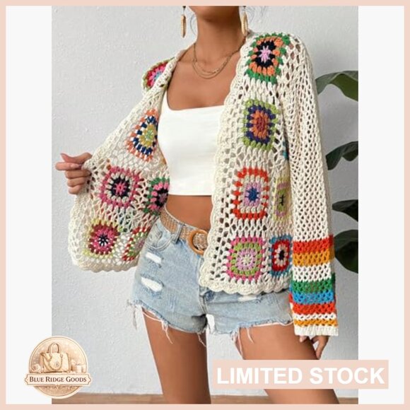 Crochet Cardigan Boho Loose Fit Open Front Sweater Recycled Material - Picture 6 of 7